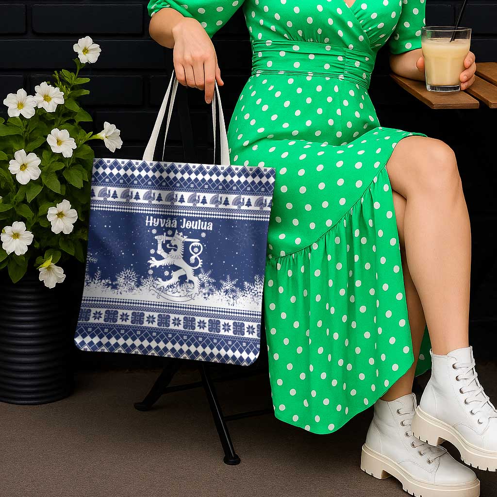 Finland Christmas Hannunvaakuna Tote Bag Hyvaa Joulua Nordic Snow Lion Blue Version - Wonder Print Shop