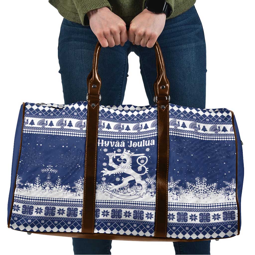 Finland Christmas Hannunvaakuna Travel Bag Hyvaa Joulua Nordic Snow Lion Blue Version - Wonder Print Shop
