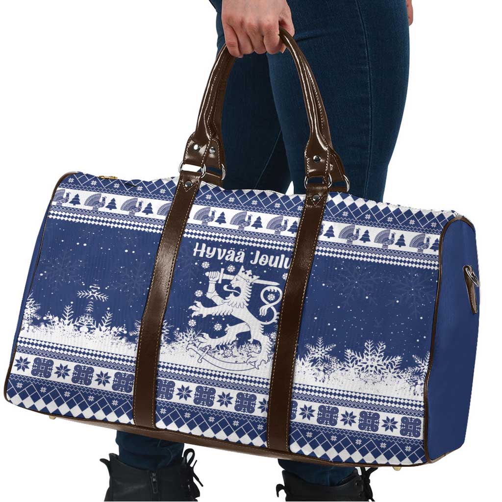 Finland Christmas Hannunvaakuna Travel Bag Hyvaa Joulua Nordic Snow Lion Blue Version - Wonder Print Shop