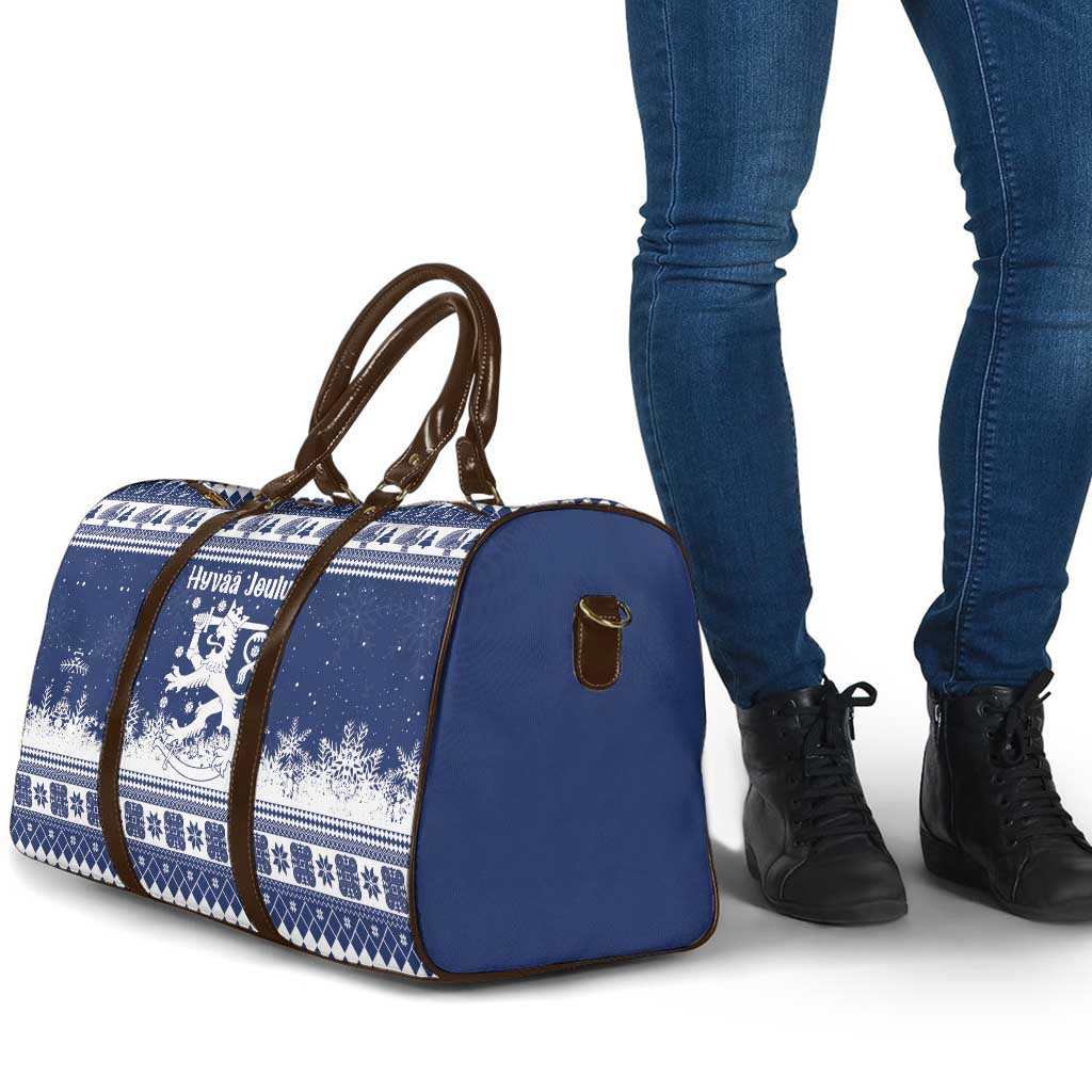 Finland Christmas Hannunvaakuna Travel Bag Hyvaa Joulua Nordic Snow Lion Blue Version - Wonder Print Shop