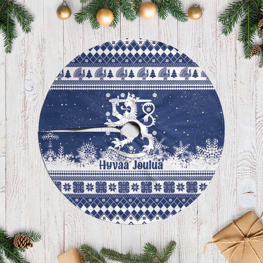 Finland Christmas Hannunvaakuna Tree Skirt Hyvaa Joulua Nordic Snow Lion Blue Version - Wonder Print Shop