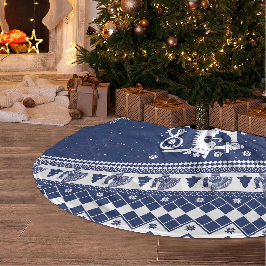 Finland Christmas Hannunvaakuna Tree Skirt Hyvaa Joulua Nordic Snow Lion Blue Version - Wonder Print Shop