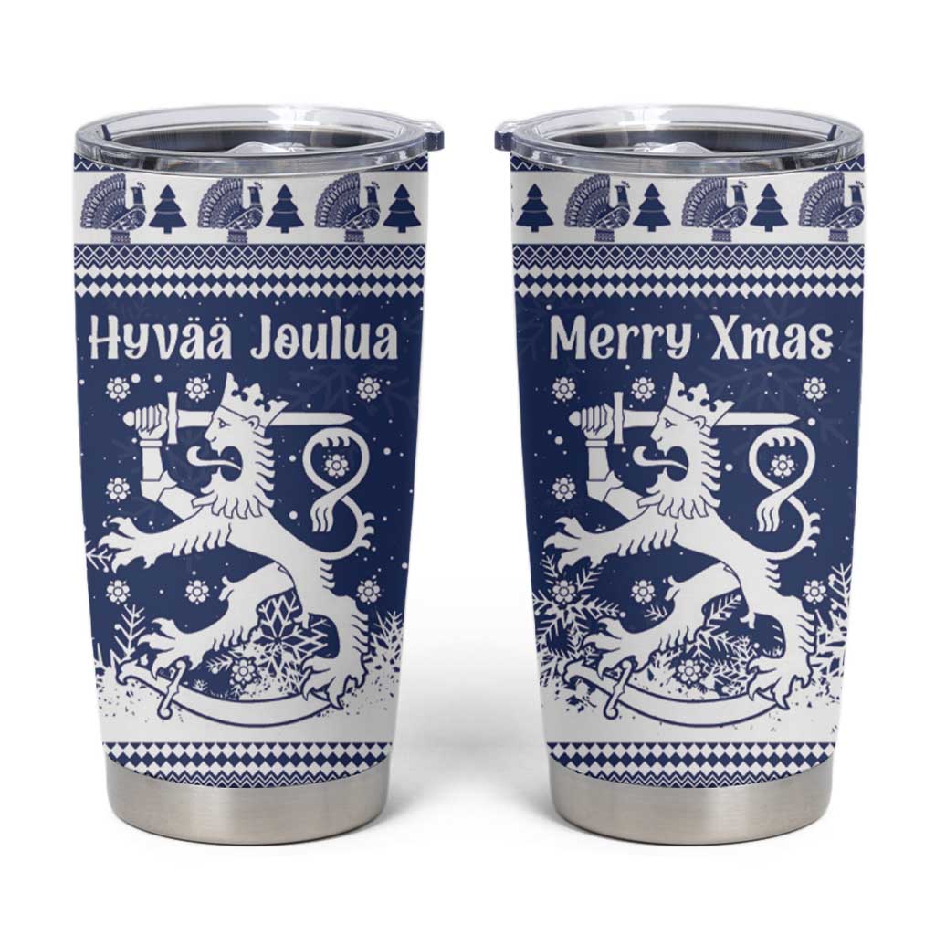 Finland Christmas Hannunvaakuna Tumbler Cup Hyvaa Joulua Nordic Snow Lion Blue Version - Wonder Print Shop