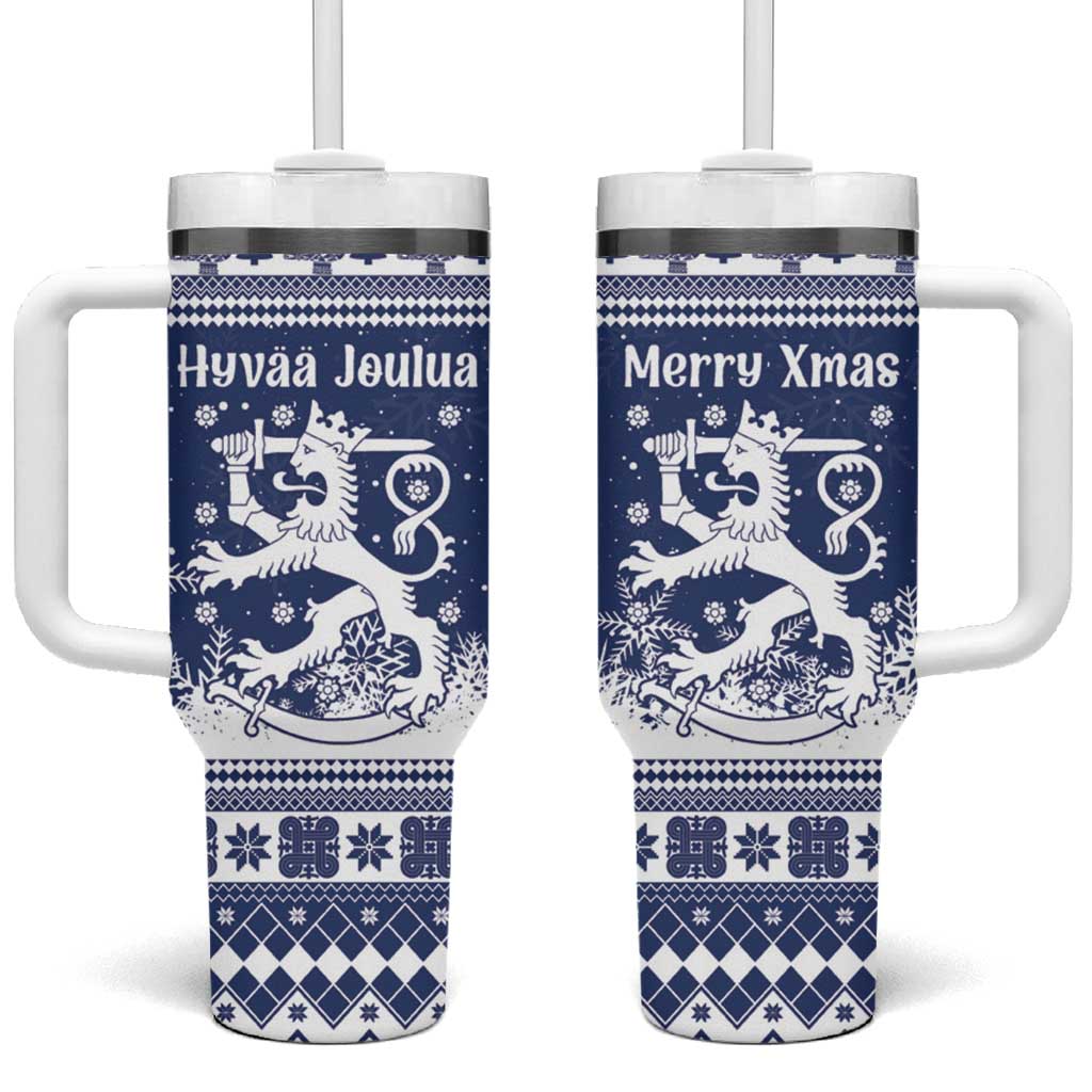 Finland Christmas Hannunvaakuna Tumbler With Handle Hyvaa Joulua Nordic Snow Lion Blue Version - Wonder Print Shop