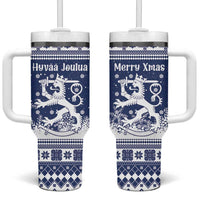 Finland Christmas Hannunvaakuna Tumbler With Handle Hyvaa Joulua Nordic Snow Lion Blue Version - Wonder Print Shop