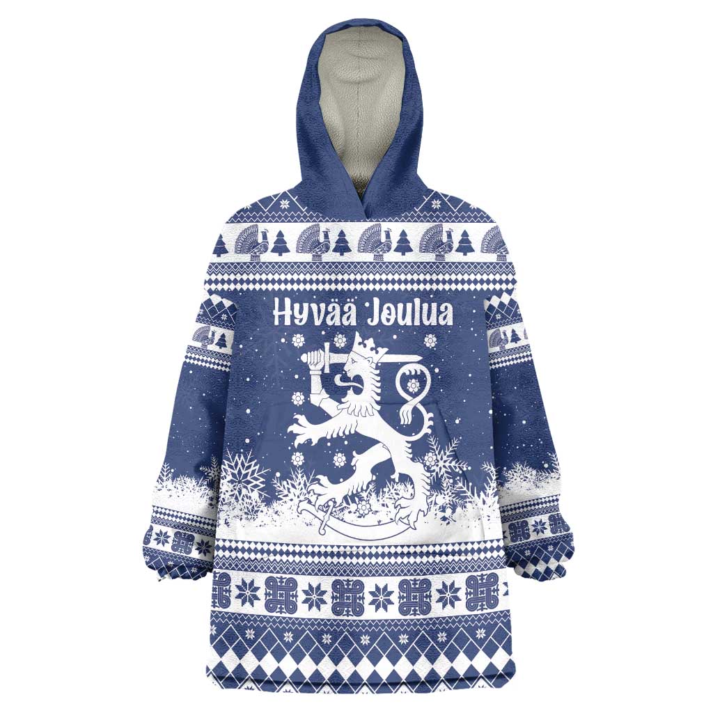 Finland Christmas Hannunvaakuna Wearable Blanket Hoodie Hyvaa Joulua Nordic Snow Lion Blue Version - Wonder Print Shop