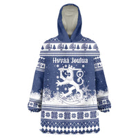 Finland Christmas Hannunvaakuna Wearable Blanket Hoodie Hyvaa Joulua Nordic Snow Lion Blue Version - Wonder Print Shop