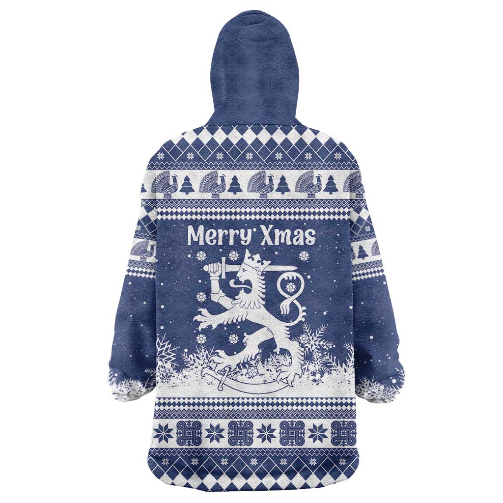 Finland Christmas Hannunvaakuna Wearable Blanket Hoodie Hyvaa Joulua Nordic Snow Lion Blue Version - Wonder Print Shop