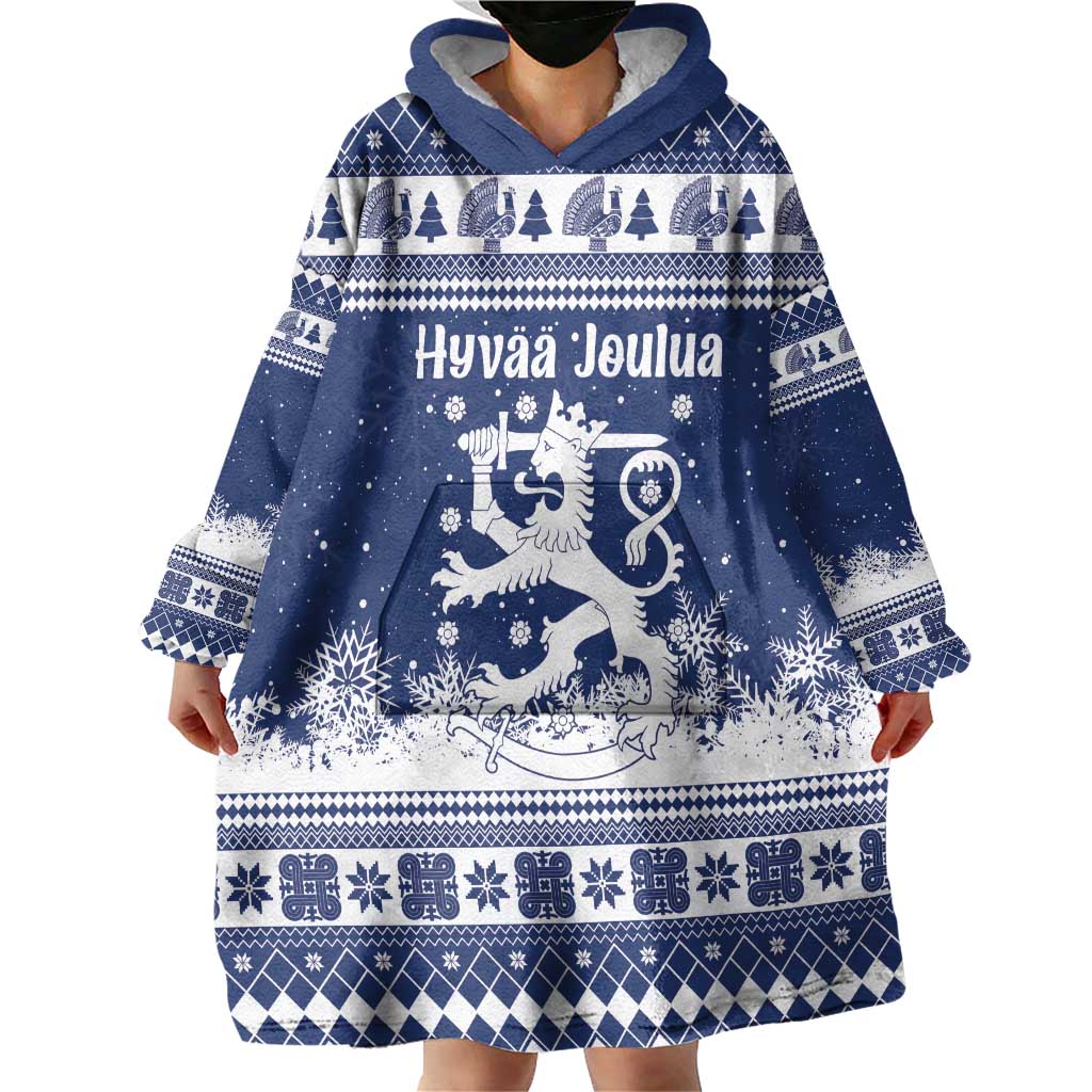 Finland Christmas Hannunvaakuna Wearable Blanket Hoodie Hyvaa Joulua Nordic Snow Lion Blue Version - Wonder Print Shop