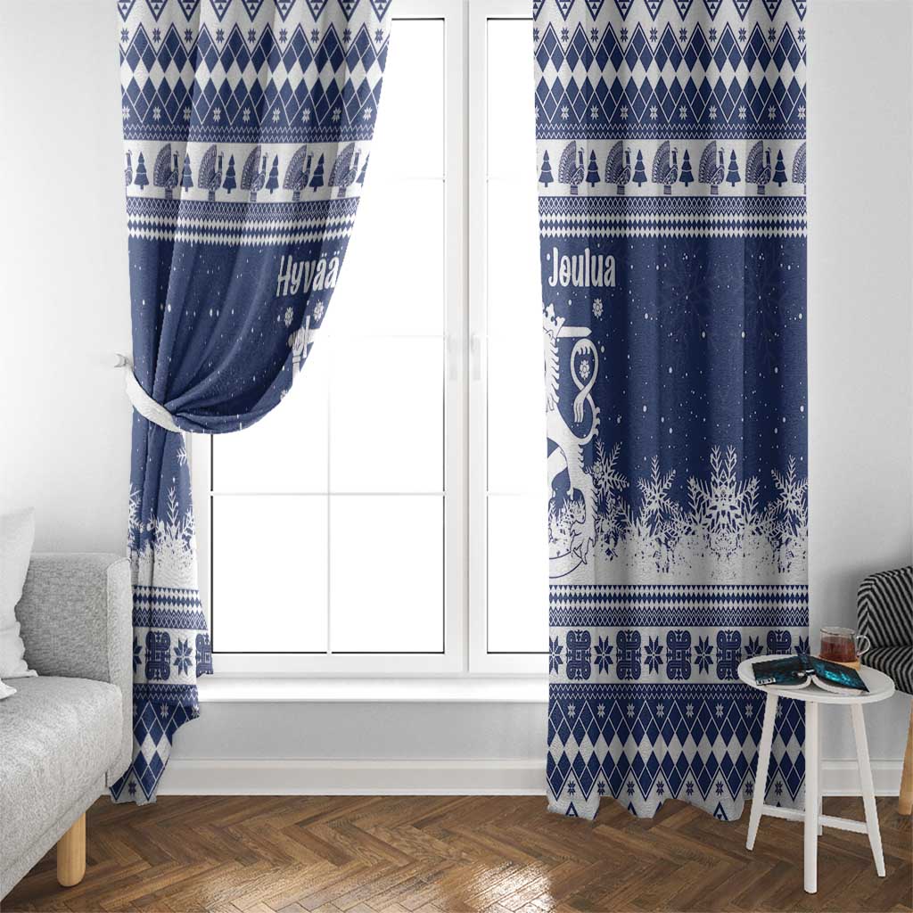 Finland Christmas Hannunvaakuna Window Curtain Hyvaa Joulua Nordic Snow Lion Blue Version - Wonder Print Shop