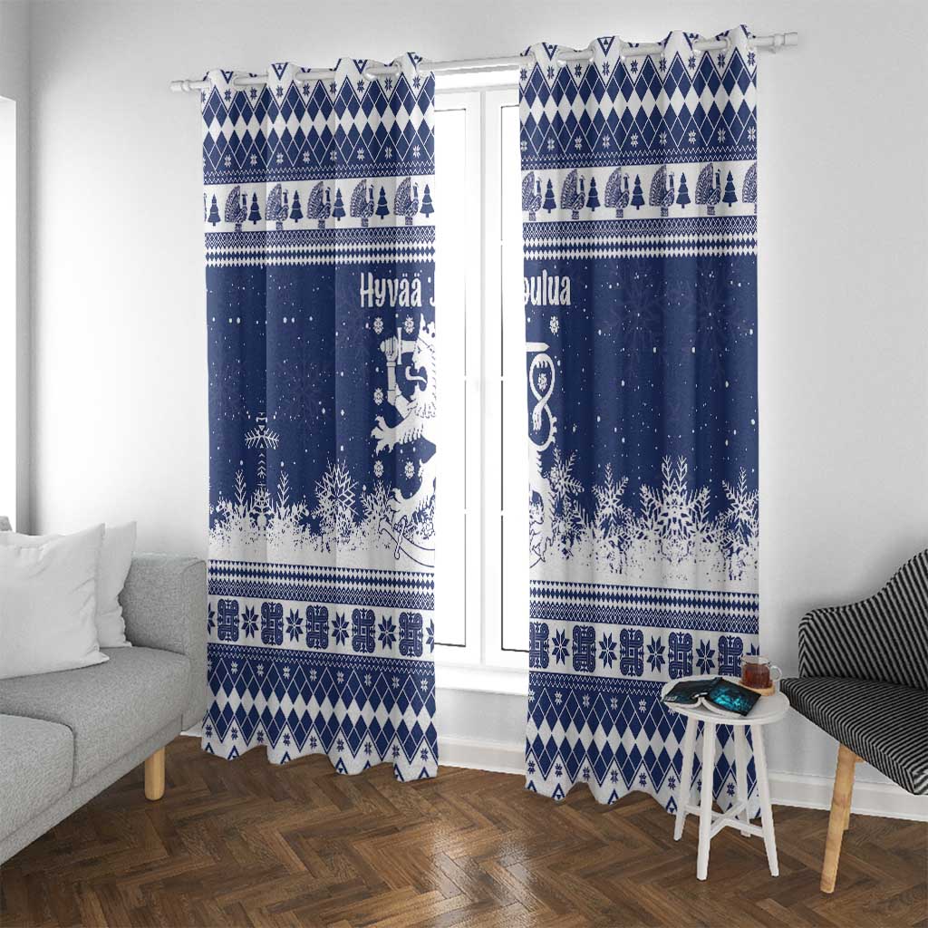 Finland Christmas Hannunvaakuna Window Curtain Hyvaa Joulua Nordic Snow Lion Blue Version - Wonder Print Shop
