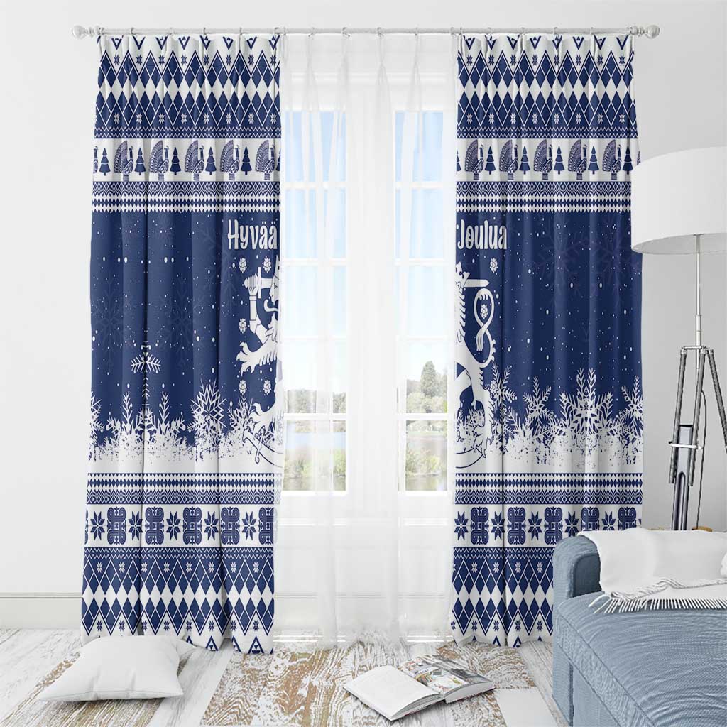 Finland Christmas Hannunvaakuna Window Curtain Hyvaa Joulua Nordic Snow Lion Blue Version - Wonder Print Shop