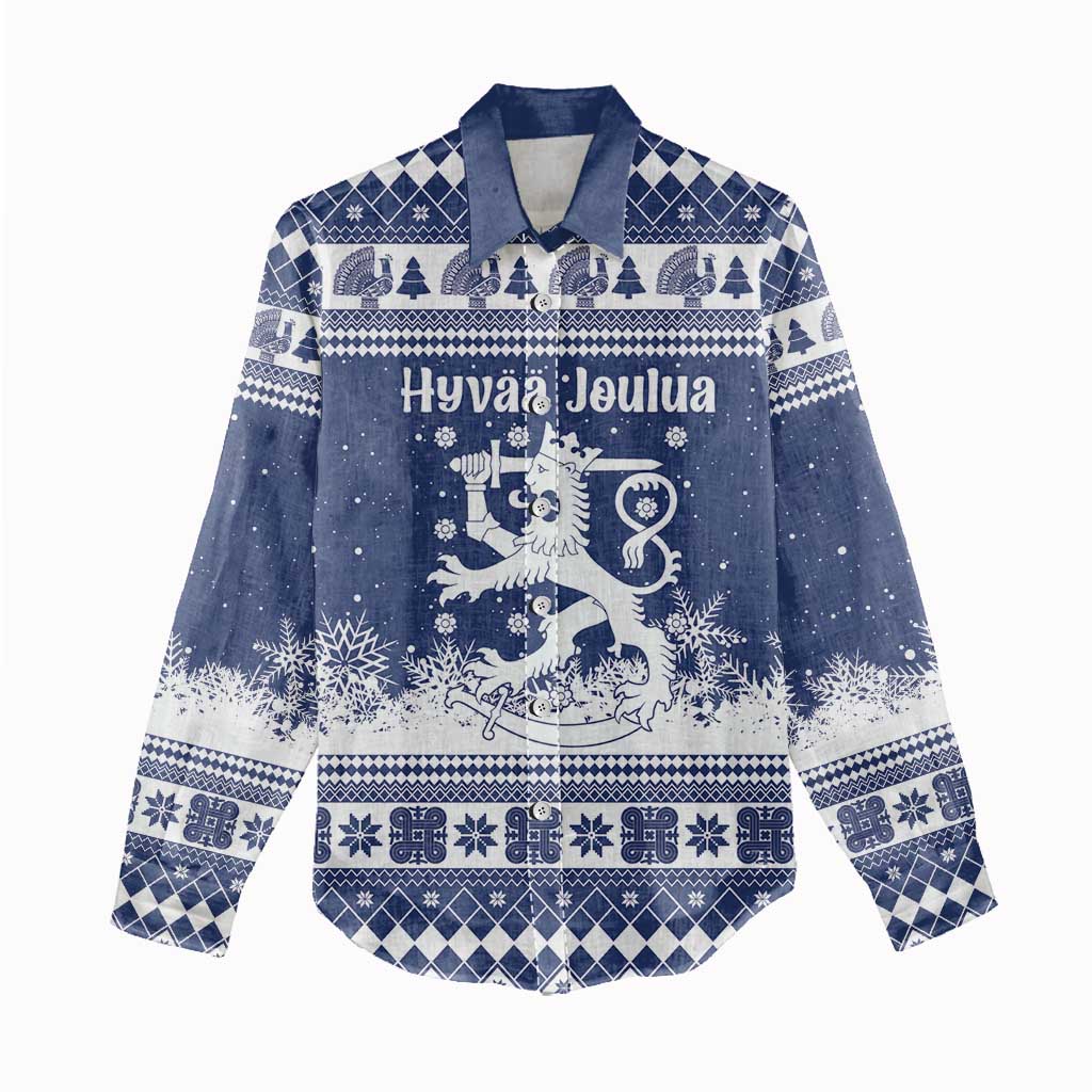 Finland Christmas Hannunvaakuna Women Casual Shirt Hyvaa Joulua Nordic Snow Lion Blue Version - Wonder Print Shop