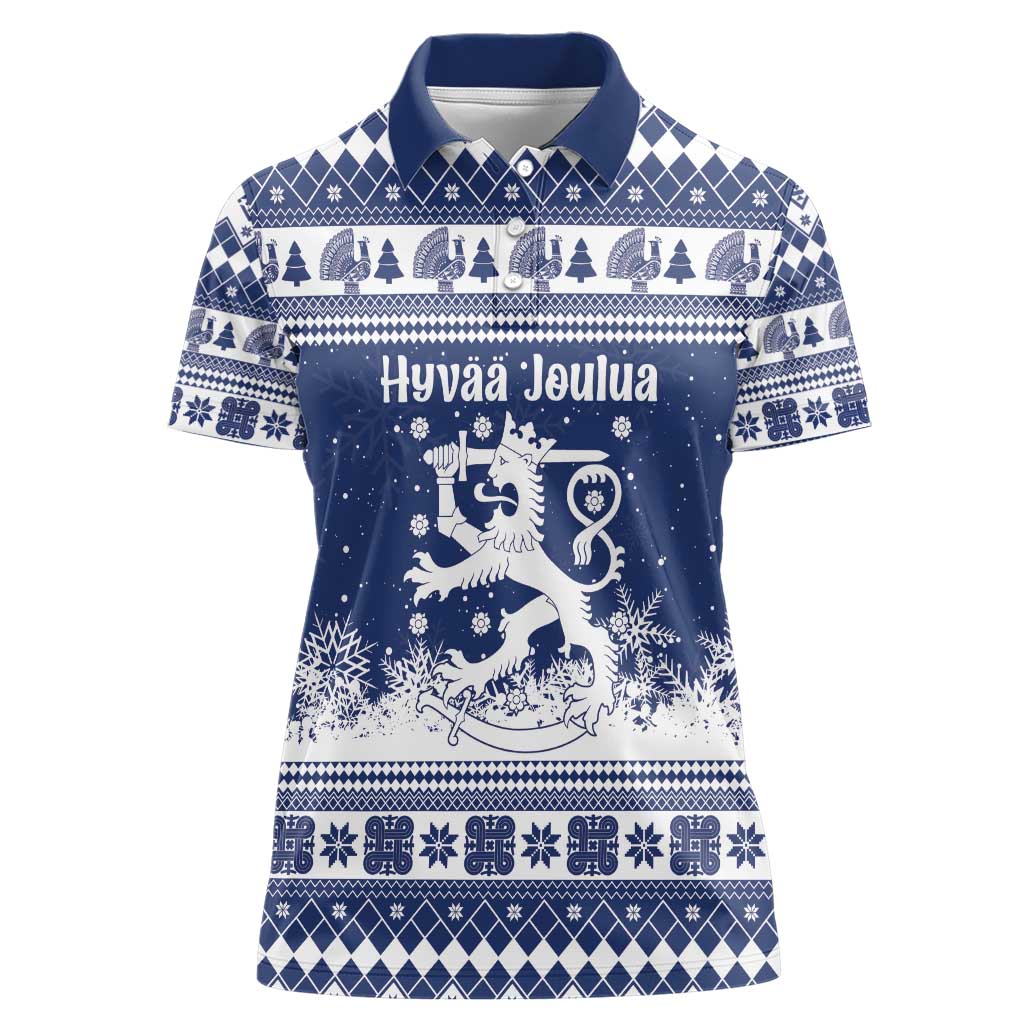 Finland Christmas Hannunvaakuna Women Polo Shirt Hyvaa Joulua Nordic Snow Lion Blue Version - Wonder Print Shop