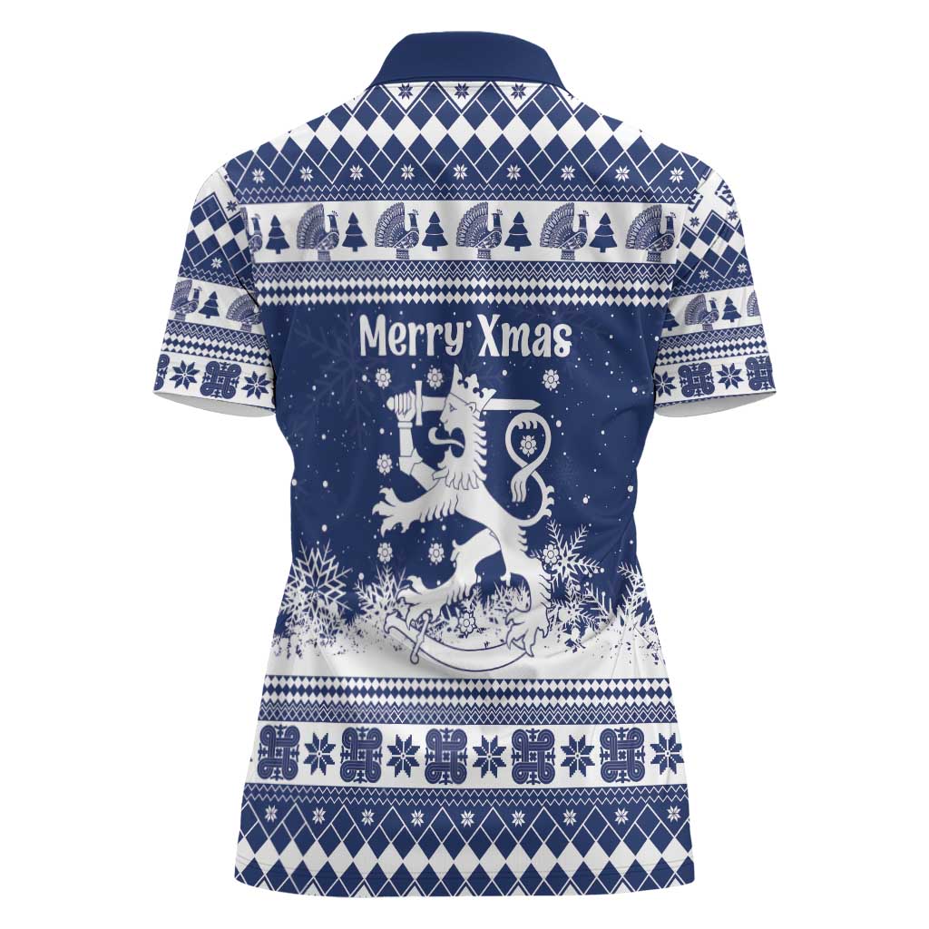 Finland Christmas Hannunvaakuna Women Polo Shirt Hyvaa Joulua Nordic Snow Lion Blue Version - Wonder Print Shop