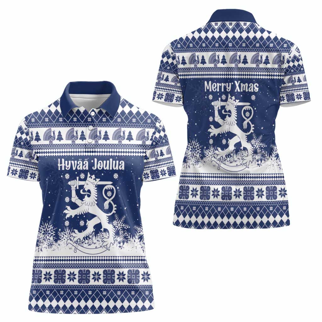 Finland Christmas Hannunvaakuna Women Polo Shirt Hyvaa Joulua Nordic Snow Lion Blue Version - Wonder Print Shop