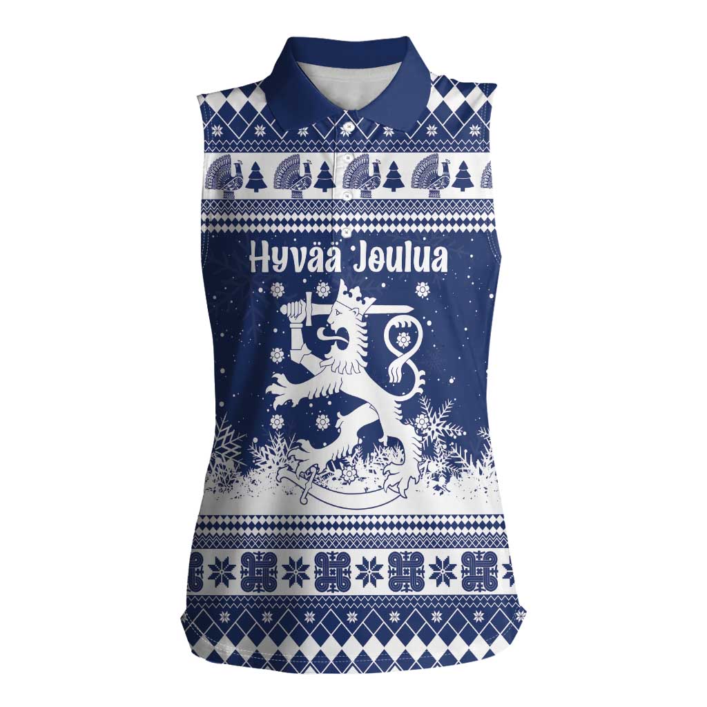Finland Christmas Hannunvaakuna Women Sleeveless Polo Shirt Hyvaa Joulua Nordic Snow Lion Blue Version - Wonder Print Shop