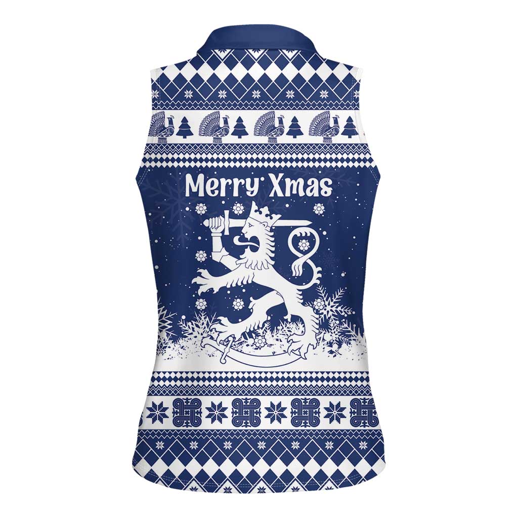 Finland Christmas Hannunvaakuna Women Sleeveless Polo Shirt Hyvaa Joulua Nordic Snow Lion Blue Version - Wonder Print Shop