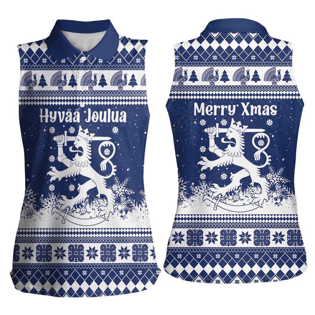 Finland Christmas Hannunvaakuna Women Sleeveless Polo Shirt Hyvaa Joulua Nordic Snow Lion Blue Version - Wonder Print Shop