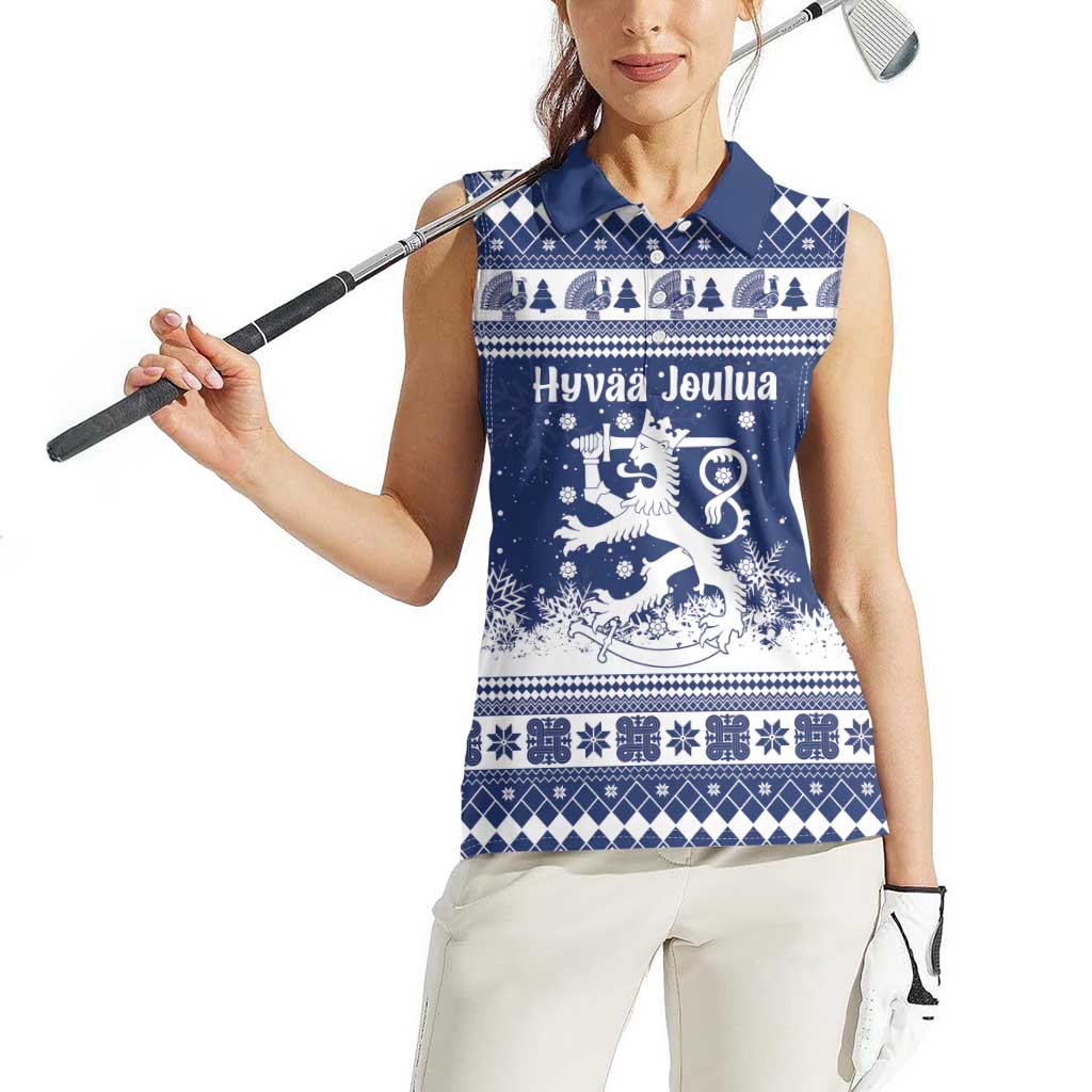 Finland Christmas Hannunvaakuna Women Sleeveless Polo Shirt Hyvaa Joulua Nordic Snow Lion Blue Version - Wonder Print Shop