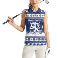 Finland Christmas Hannunvaakuna Women Sleeveless Polo Shirt Hyvaa Joulua Nordic Snow Lion Blue Version - Wonder Print Shop