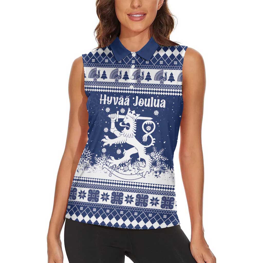 Finland Christmas Hannunvaakuna Women Sleeveless Polo Shirt Hyvaa Joulua Nordic Snow Lion Blue Version - Wonder Print Shop