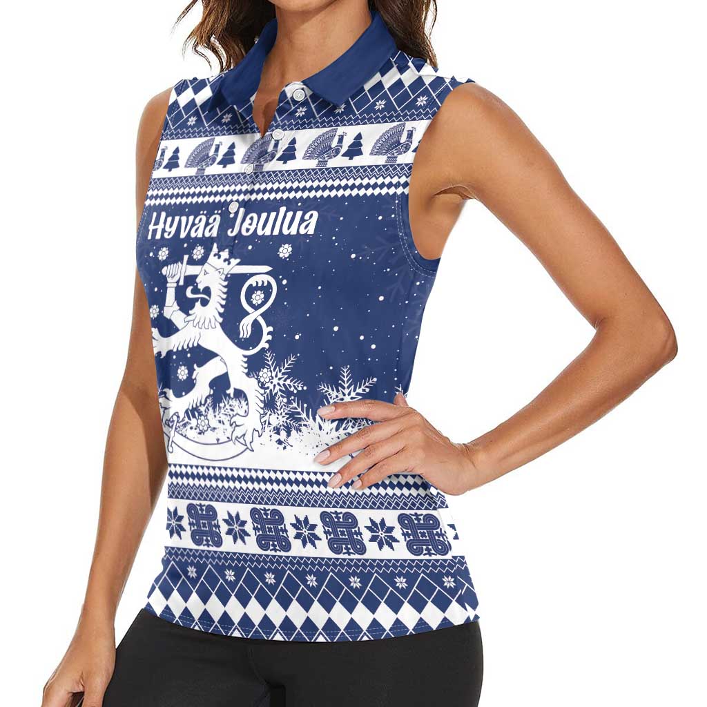 Finland Christmas Hannunvaakuna Women Sleeveless Polo Shirt Hyvaa Joulua Nordic Snow Lion Blue Version - Wonder Print Shop