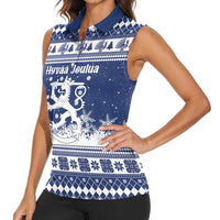Finland Christmas Hannunvaakuna Women Sleeveless Polo Shirt Hyvaa Joulua Nordic Snow Lion Blue Version - Wonder Print Shop