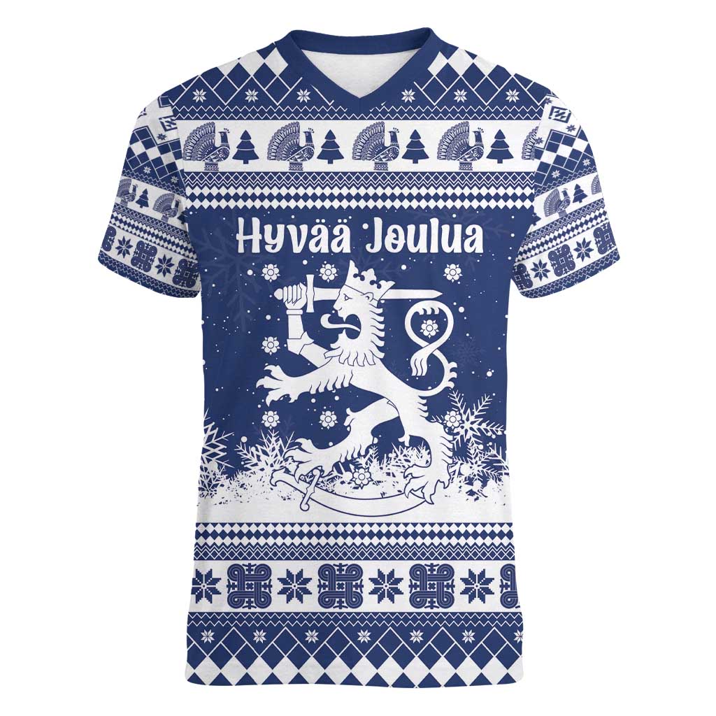 Finland Christmas Hannunvaakuna Women V-Neck T-Shirt Hyvaa Joulua Nordic Snow Lion Blue Version - Wonder Print Shop