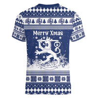 Finland Christmas Hannunvaakuna Women V-Neck T-Shirt Hyvaa Joulua Nordic Snow Lion Blue Version - Wonder Print Shop