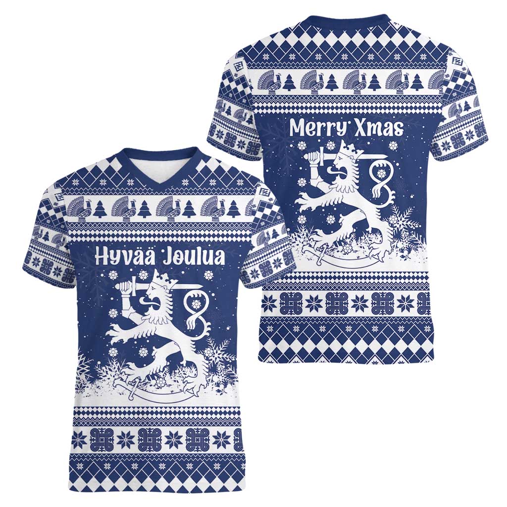 Finland Christmas Hannunvaakuna Women V-Neck T-Shirt Hyvaa Joulua Nordic Snow Lion Blue Version - Wonder Print Shop