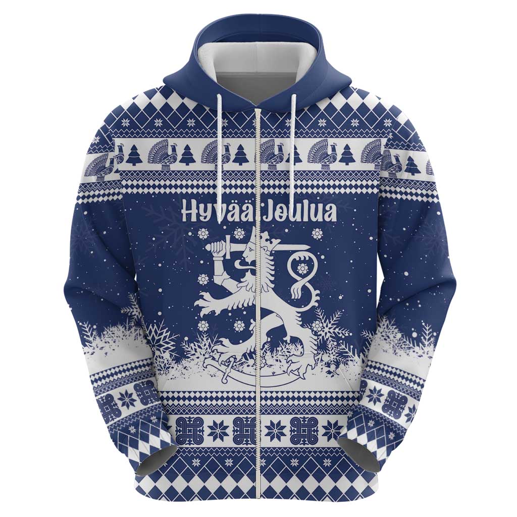 Finland Christmas Hannunvaakuna Zip Hoodie Hyvaa Joulua Nordic Snow Lion Blue Version - Wonder Print Shop