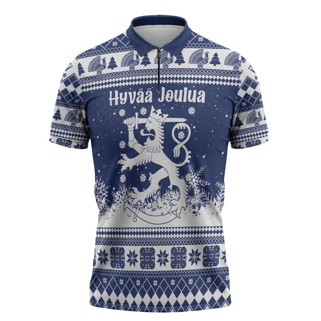 Finland Christmas Hannunvaakuna Zipper Polo Shirt Hyvaa Joulua Nordic Snow Lion Blue Version - Wonder Print Shop