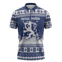 Finland Christmas Hannunvaakuna Zipper Polo Shirt Hyvaa Joulua Nordic Snow Lion Blue Version - Wonder Print Shop