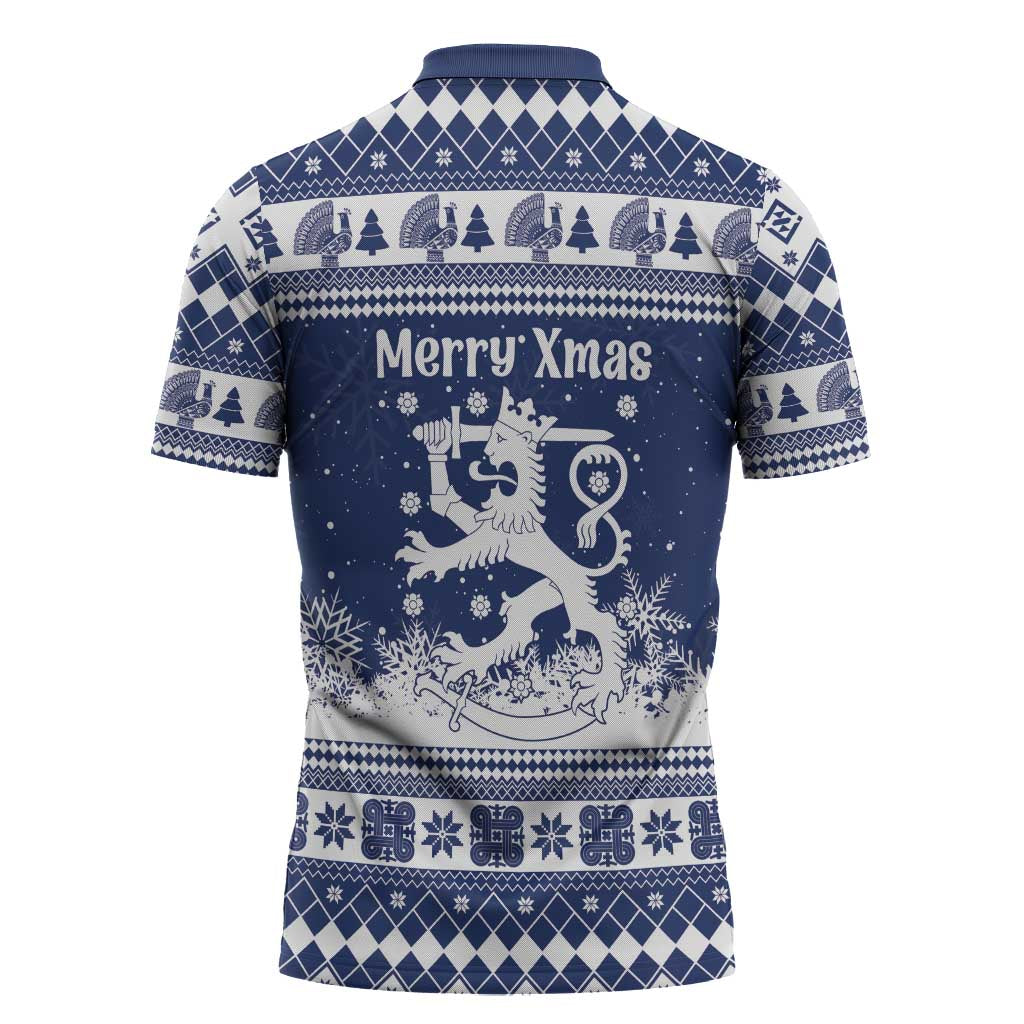 Finland Christmas Hannunvaakuna Zipper Polo Shirt Hyvaa Joulua Nordic Snow Lion Blue Version - Wonder Print Shop