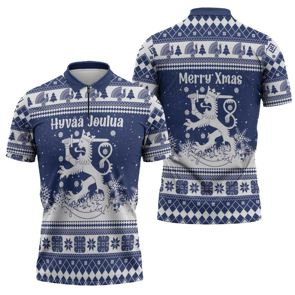 Finland Christmas Hannunvaakuna Zipper Polo Shirt Hyvaa Joulua Nordic Snow Lion Blue Version - Wonder Print Shop