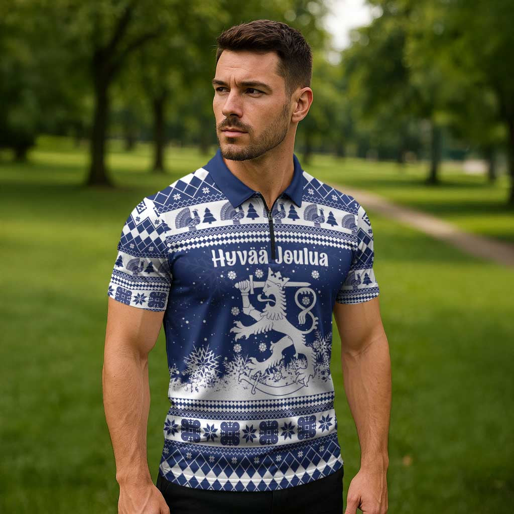 Finland Christmas Hannunvaakuna Zipper Polo Shirt Hyvaa Joulua Nordic Snow Lion Blue Version - Wonder Print Shop