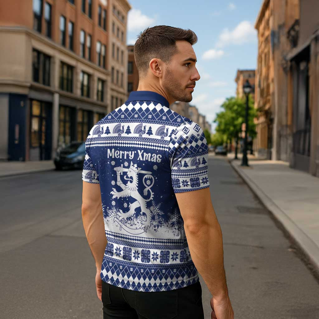Finland Christmas Hannunvaakuna Zipper Polo Shirt Hyvaa Joulua Nordic Snow Lion Blue Version - Wonder Print Shop