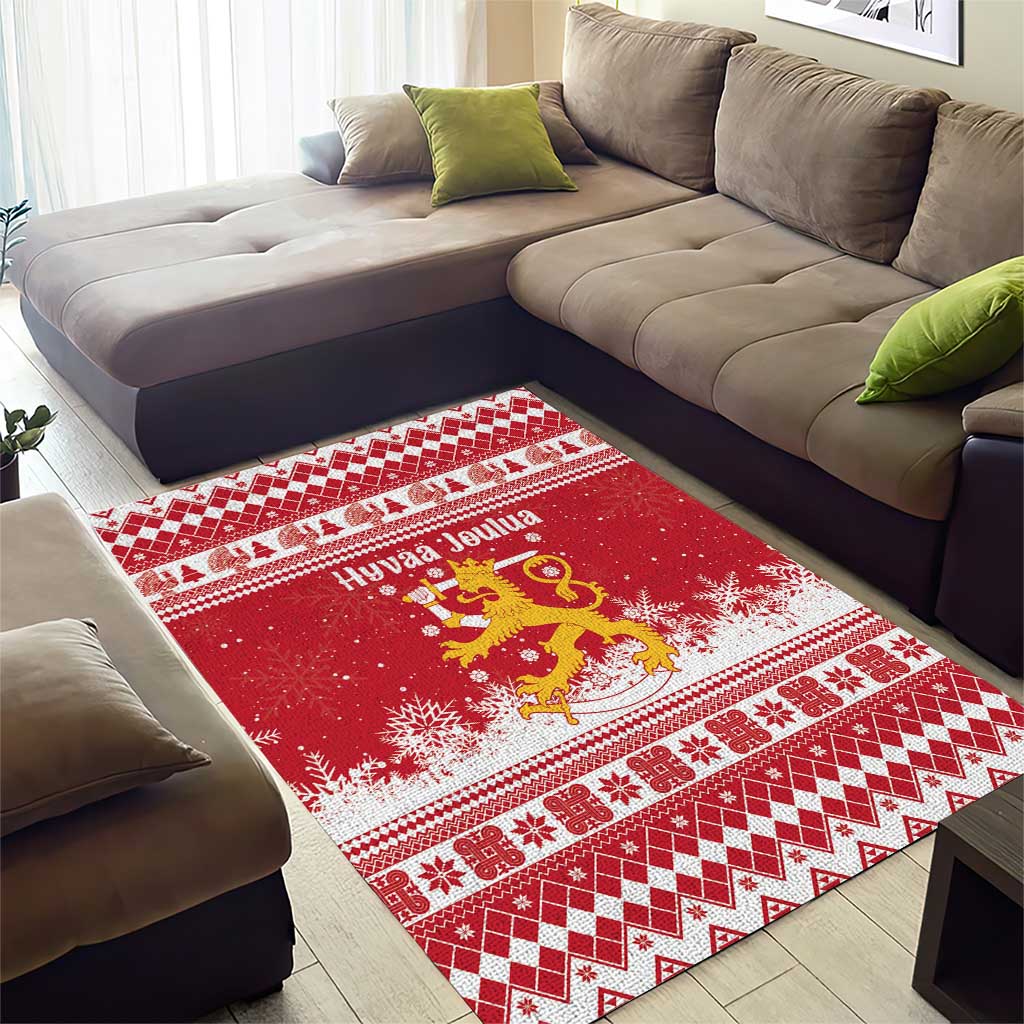 Finland Christmas Hannunvaakuna Area Rug Hyvaa Joulua Nordic Snow Lion Red Version - Wonder Print Shop