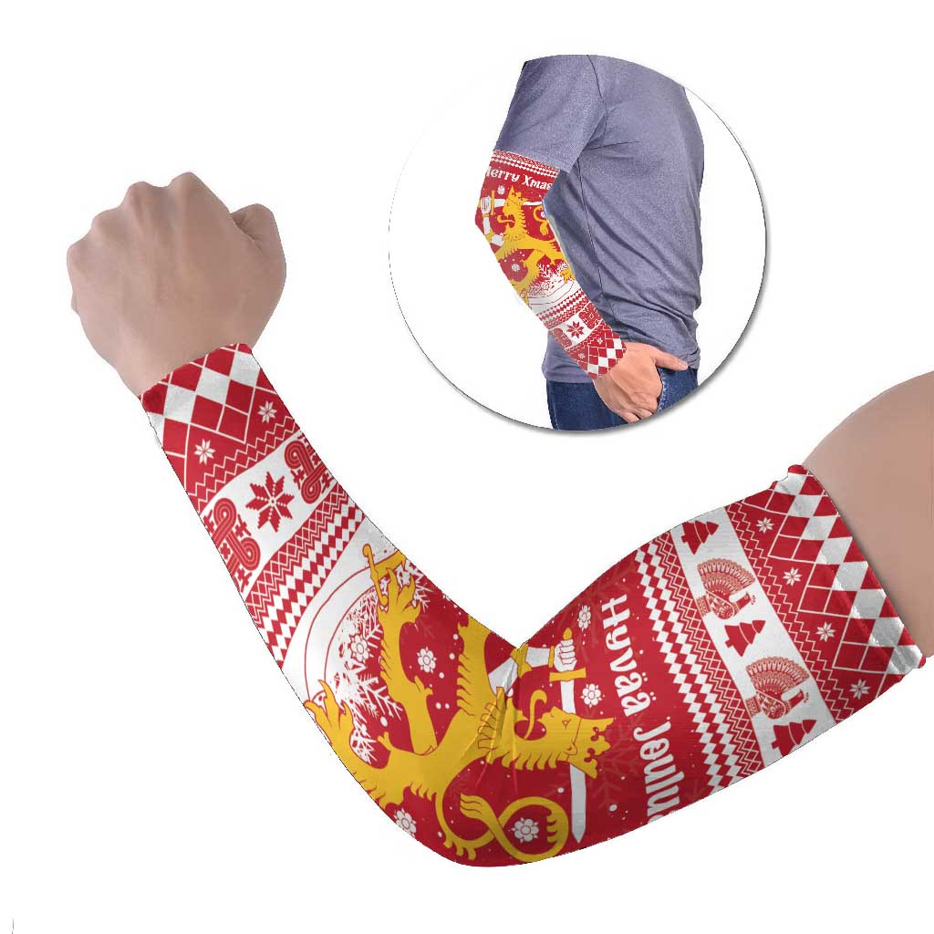 Finland Christmas Hannunvaakuna Arm Sleeves Hyvaa Joulua Nordic Snow Lion Red Version - Wonder Print Shop