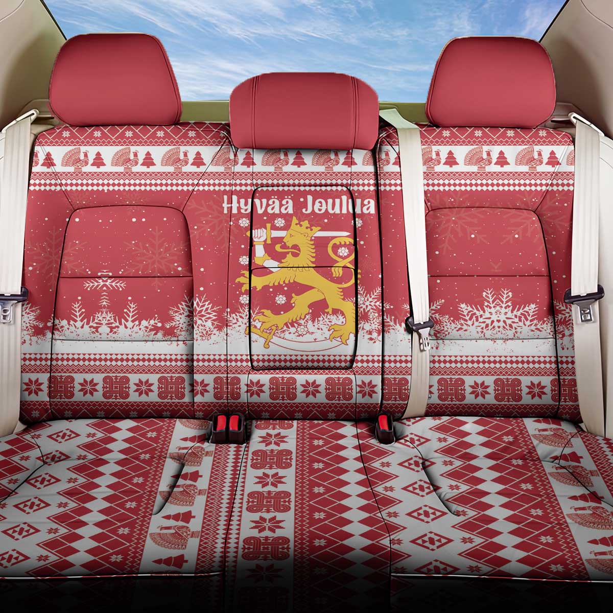 Finland Christmas Hannunvaakuna Back Car Seat Cover Hyvaa Joulua Nordic Snow Lion Red Version - Wonder Print Shop
