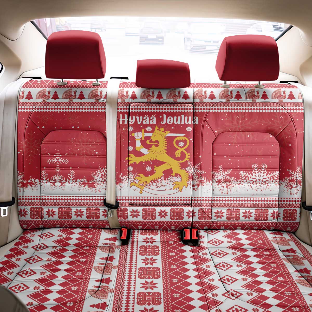 Finland Christmas Hannunvaakuna Back Car Seat Cover Hyvaa Joulua Nordic Snow Lion Red Version - Wonder Print Shop