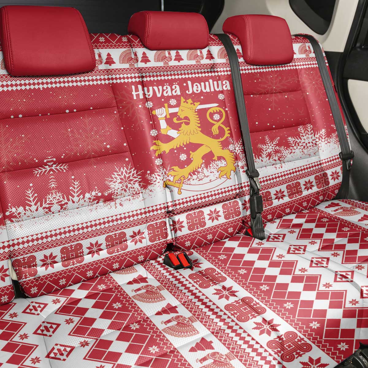 Finland Christmas Hannunvaakuna Back Car Seat Cover Hyvaa Joulua Nordic Snow Lion Red Version - Wonder Print Shop