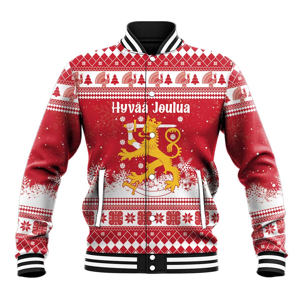 Finland Christmas Hannunvaakuna Baseball Jacket Hyvaa Joulua Nordic Snow Lion Red Version - Wonder Print Shop