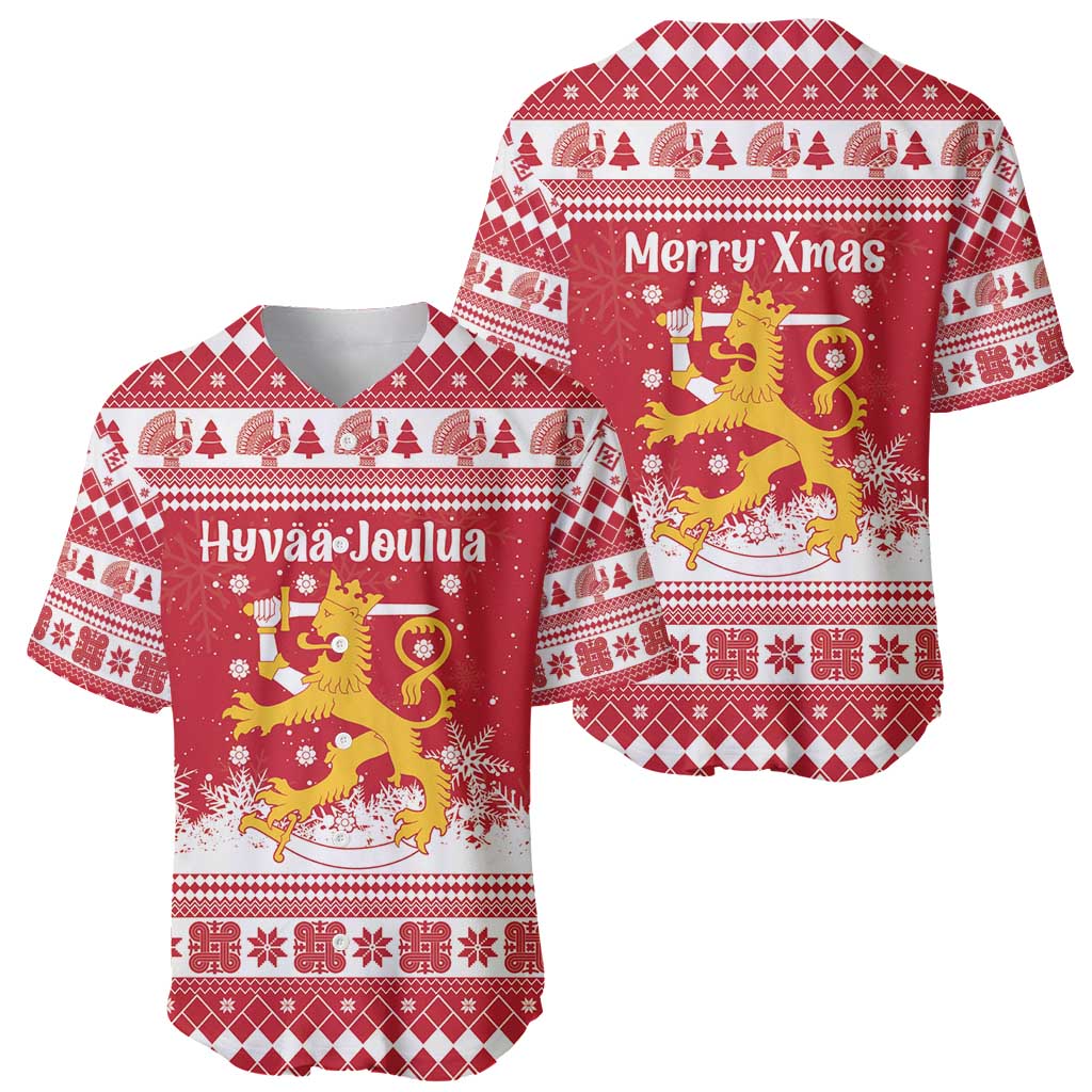 Finland Christmas Hannunvaakuna Baseball Jersey Hyvaa Joulua Nordic Snow Lion Red Version - Wonder Print Shop
