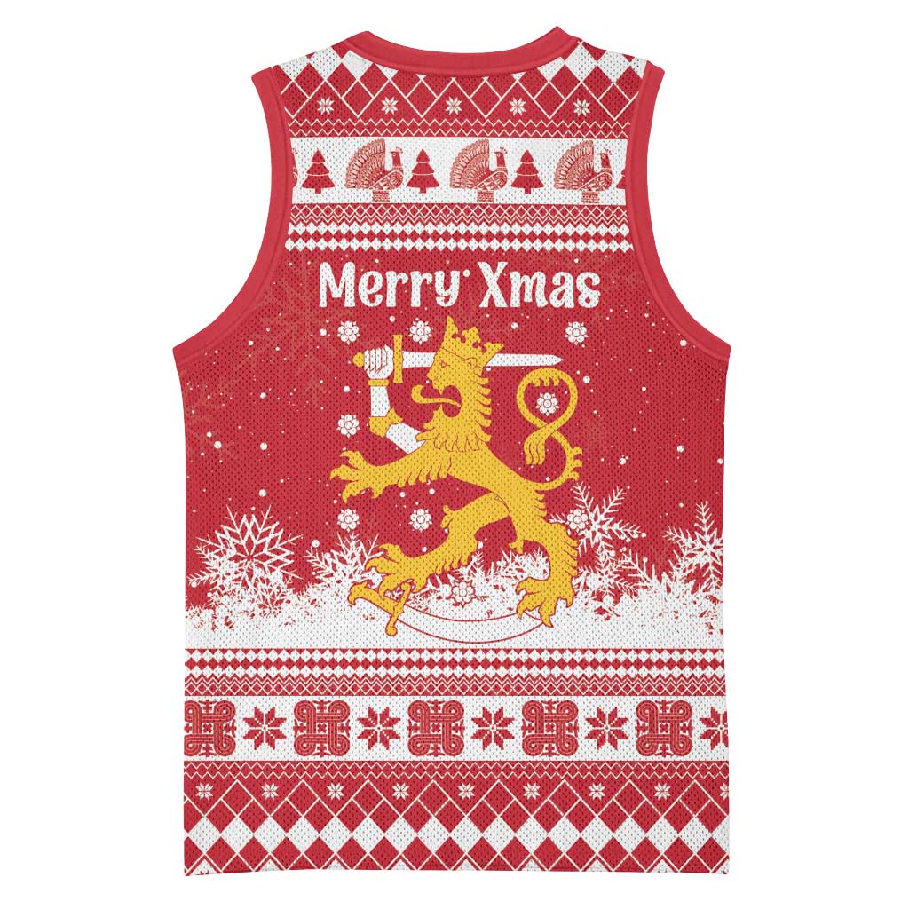 Finland Christmas Hannunvaakuna Basketball Jersey Hyvaa Joulua Nordic Snow Lion Red Version - Wonder Print Shop
