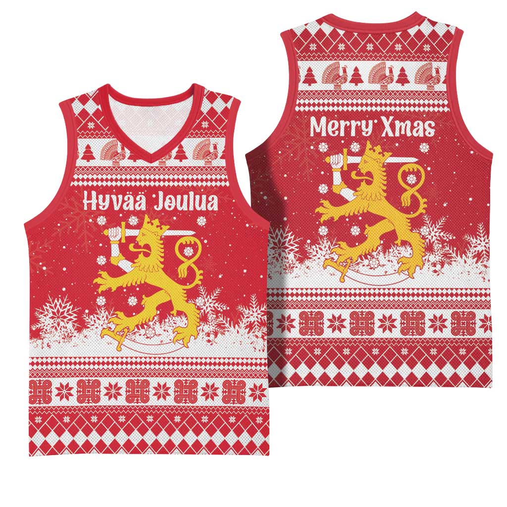 Finland Christmas Hannunvaakuna Basketball Jersey Hyvaa Joulua Nordic Snow Lion Red Version - Wonder Print Shop