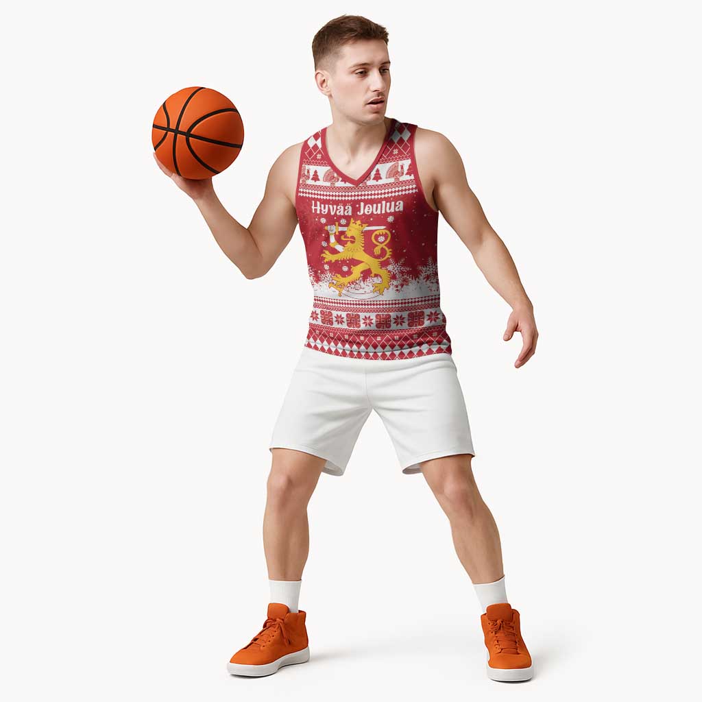Finland Christmas Hannunvaakuna Basketball Jersey Hyvaa Joulua Nordic Snow Lion Red Version - Wonder Print Shop