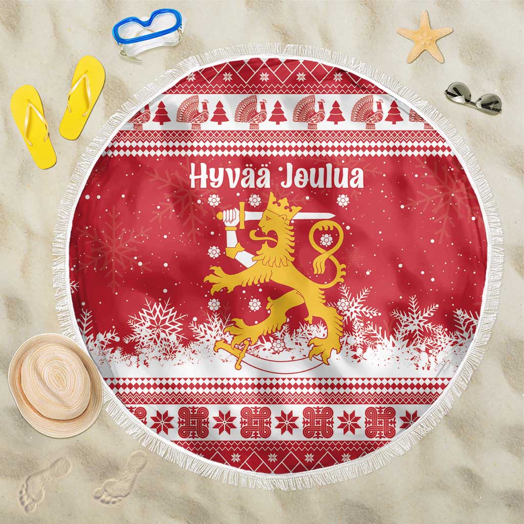 Finland Christmas Hannunvaakuna Beach Blanket Hyvaa Joulua Nordic Snow Lion Red Version - Wonder Print Shop