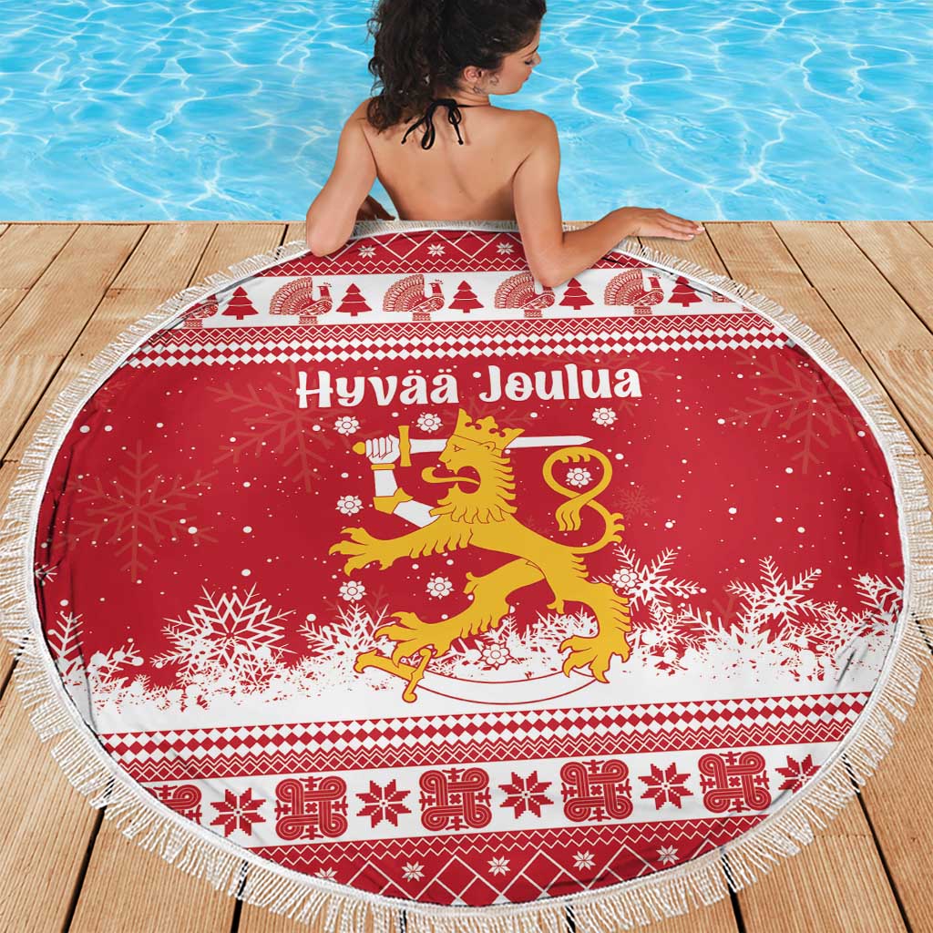 Finland Christmas Hannunvaakuna Beach Blanket Hyvaa Joulua Nordic Snow Lion Red Version - Wonder Print Shop